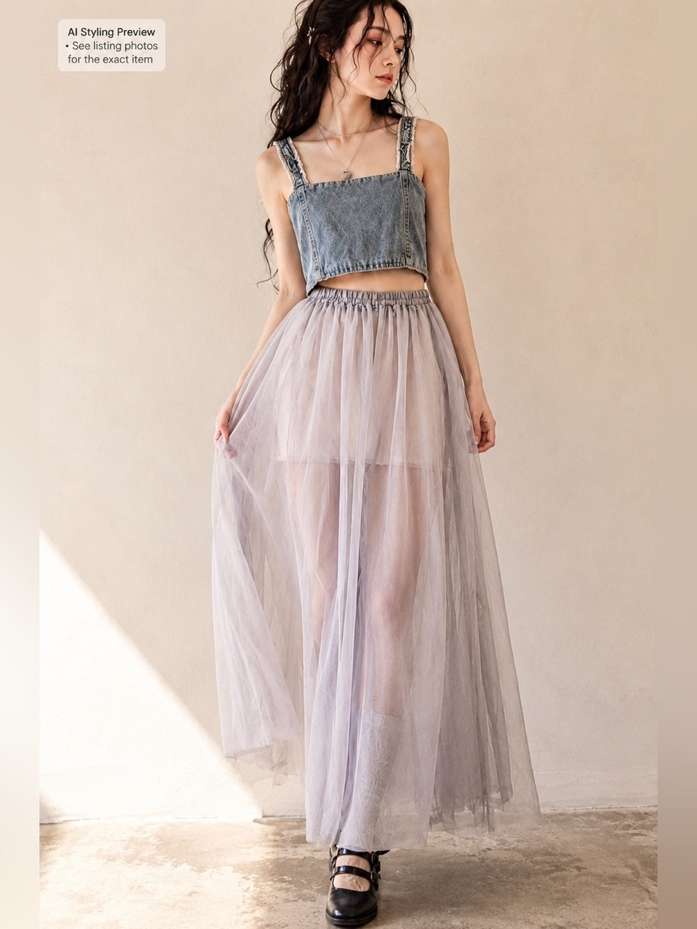 Japanese Fairy Grunge Denim Tulle Maxi Dress Coquette Mori Girl S